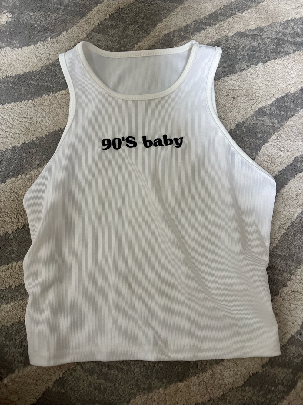 SHEIN White Ribbed Tank with Black '90's Baby' Script